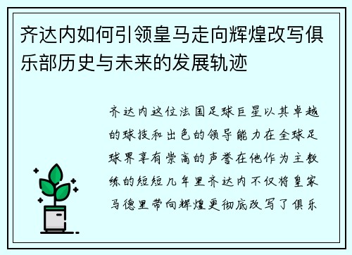 齐达内如何引领皇马走向辉煌改写俱乐部历史与未来的发展轨迹 齐达内如何引领皇马走向辉煌改写俱乐部历史与未来的发展轨迹